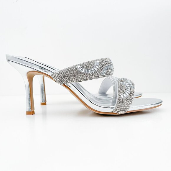 Steve Madden Baton Rhinestone Silver Mules Sandals Heels - Picture 5 of 14